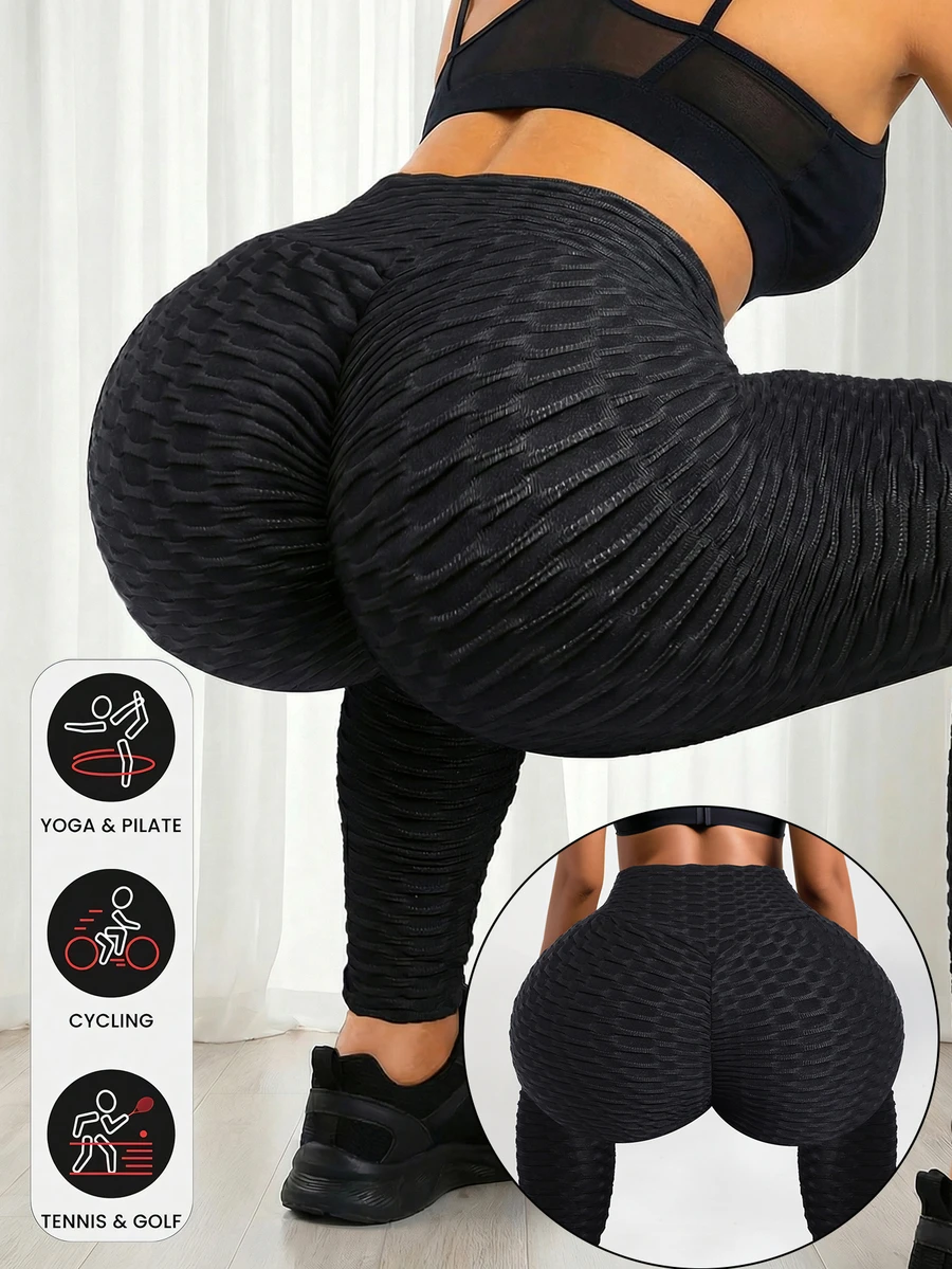 夏季健身蜂窝口袋瑜伽裤女运动紧身裤无缝纯色高腰透气跑步健身塑身丁字裤女裤女装运动紧身裤