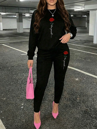 大码女式玫瑰印花圆领长袖休闲上衣和裤子两件套