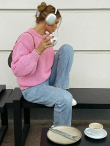 女士纯色长袖圆领宽松针织衫，日常穿着，秋冬季 - 粉色 - 查看 2