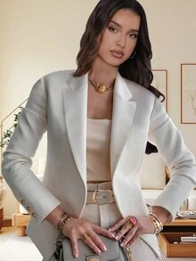 1pc Women Elegant Solid Color Lapel Collar Button Up Coat, Spring/Autumn - White - View 1