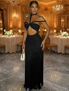 Women's Solid Color Hollow Out Design Bodycon Halter Sexy Party Dress - Black - View 1