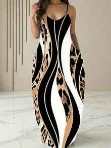 大码印花无袖连衣裙，休闲夏季派对优雅之选 - 彩色 - 查看 2