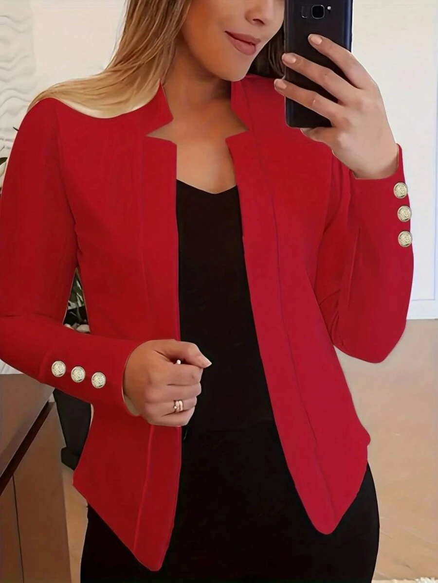 Women's Casual Solid Color Long Sleeve Button-Up Jacket - Red - View 1