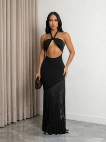 Women's Solid Color Hollow Out Design Bodycon Halter Sexy Party Dress - Black - View 3