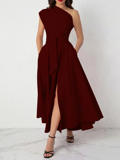 Vestido de mujer de unicolor sin mangas con abertura en el bajo, vestido de verano elegante