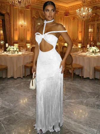 Solid Color Sexy Hollow Out Bodycon Tassel Hem Halter Cocktail Dress For Women