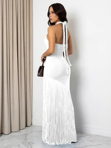 Vestido de cóctel de unicolor, sexy, con abertura y flecos en el bajo para mujer