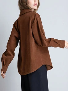 Koszula sztruksowa na wiosnę i jesień, nowa, jednokolorowa, wysokiej jakości, luźny krój, bluzka z długim rękawem - Brązowy - Zobacz 9