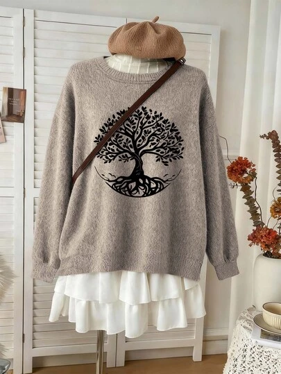 Pulovere pentru femei, mărime plus, imprimeu copac al vieții, material tricotat, mânecă lungă, guler rotund, croială regulată, top, elasticitate ridicată, confort de zi cu zi, pulover imitație de damă