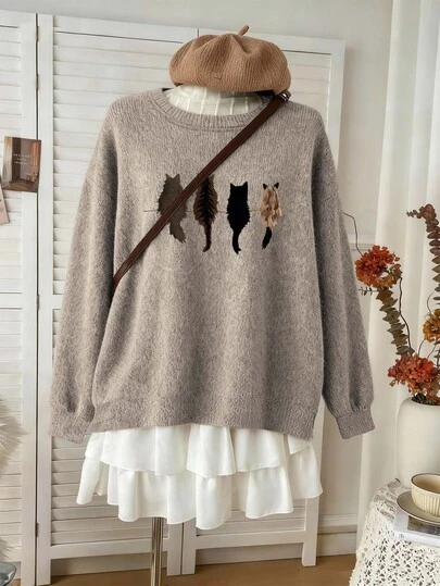 女士毛衣，可爱猫咪印花，加大码常规长度针织长袖圆领上衣，高弹力毛衣，女士仿羊绒毛衣