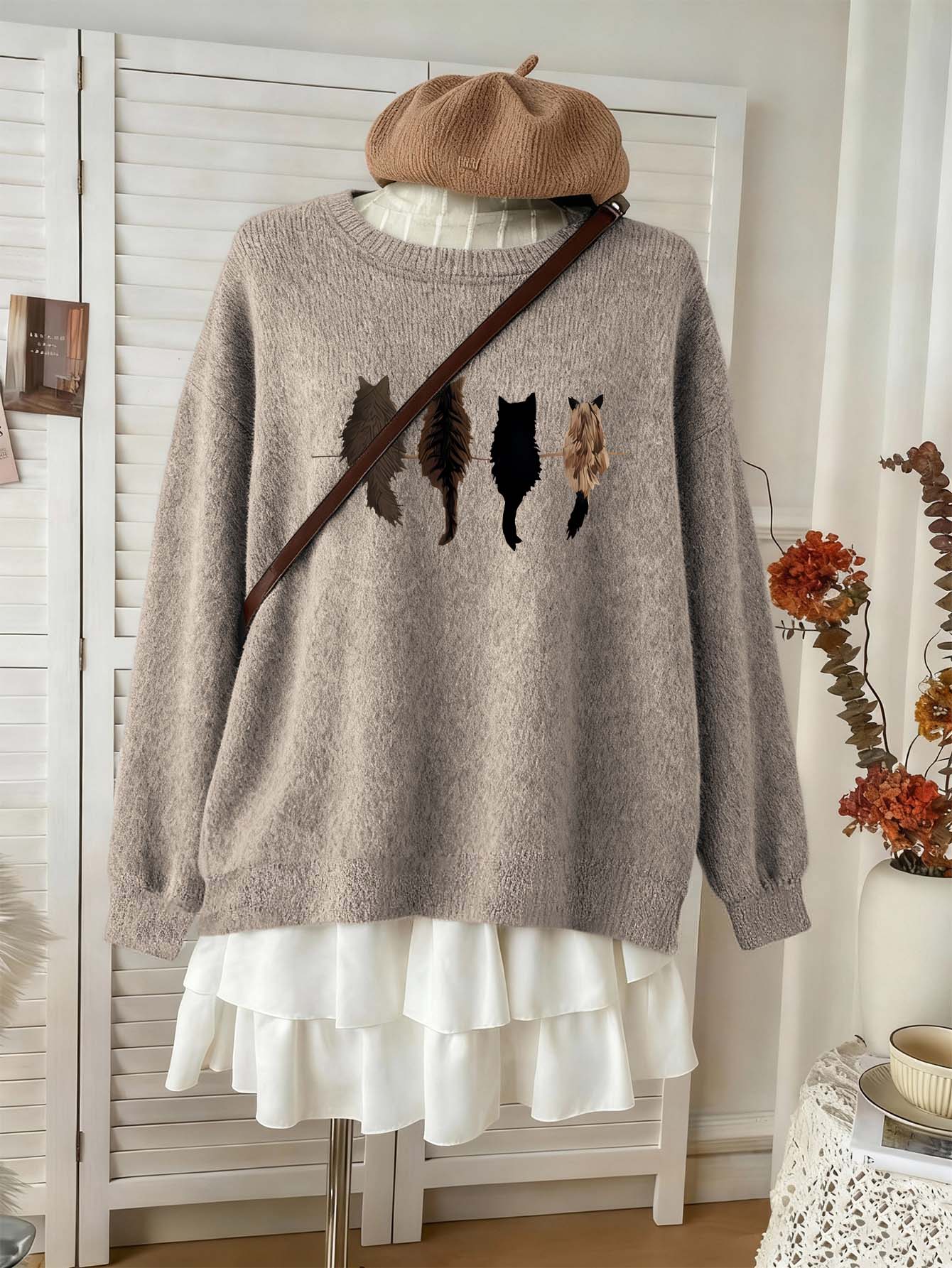 女士毛衣，可爱猫咪印花，加大码常规长度针织长袖圆领上衣，高弹力毛衣，女士仿羊绒毛衣 - 駝色 - 查看 1