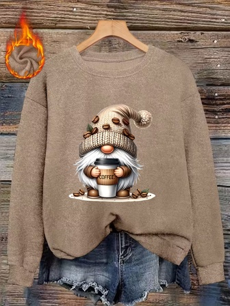 Suéter de cuello redondo casual y simplista con estampado de enano de café para mujer, blusa de mujer con estampado disperso de granos de café, ropa de mujer con estampado de enano de café para otoño/invierno, usa la cálida blusa con estampado de enano de café para otoño/invierno.