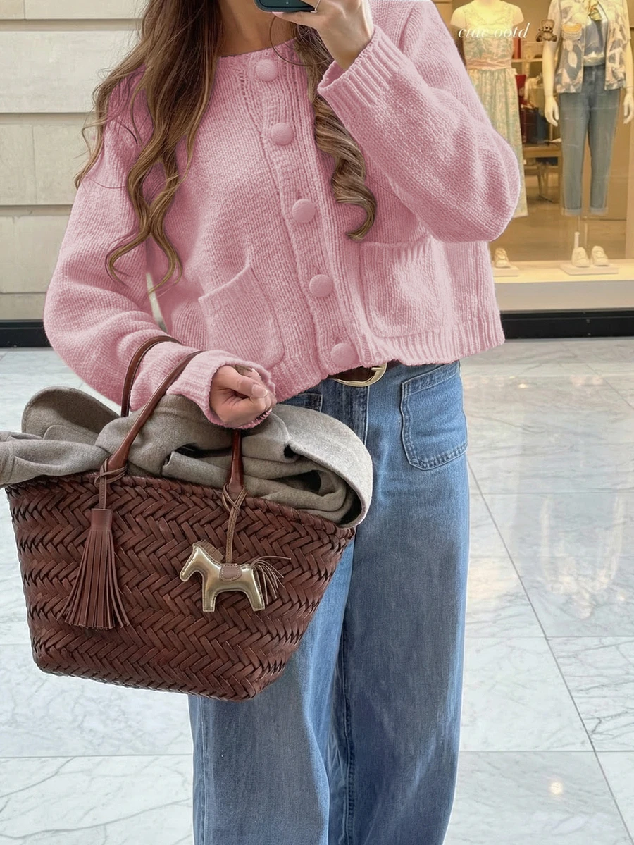 LUBI Women's Spring Autumn Winter Minimalist Button Long Sleeve Short Loose Solid Color Knit Cardigan, Gentle Casual Daily Commute - Hot Pink - View 1