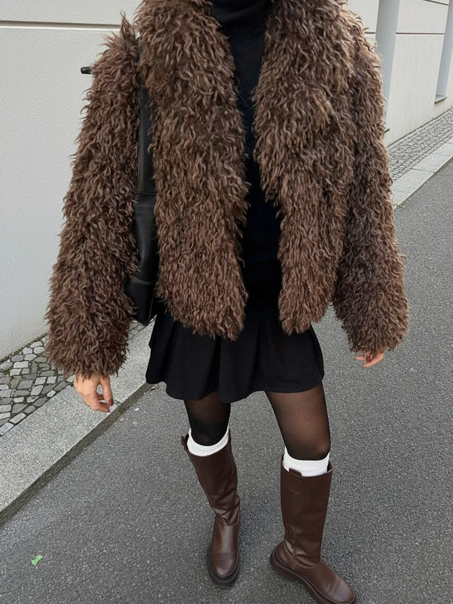 Women's Fashionable Sexy Short Faux Fur Jacket, New Arrival For Autumn/Winter - Mocha Brown - View 1