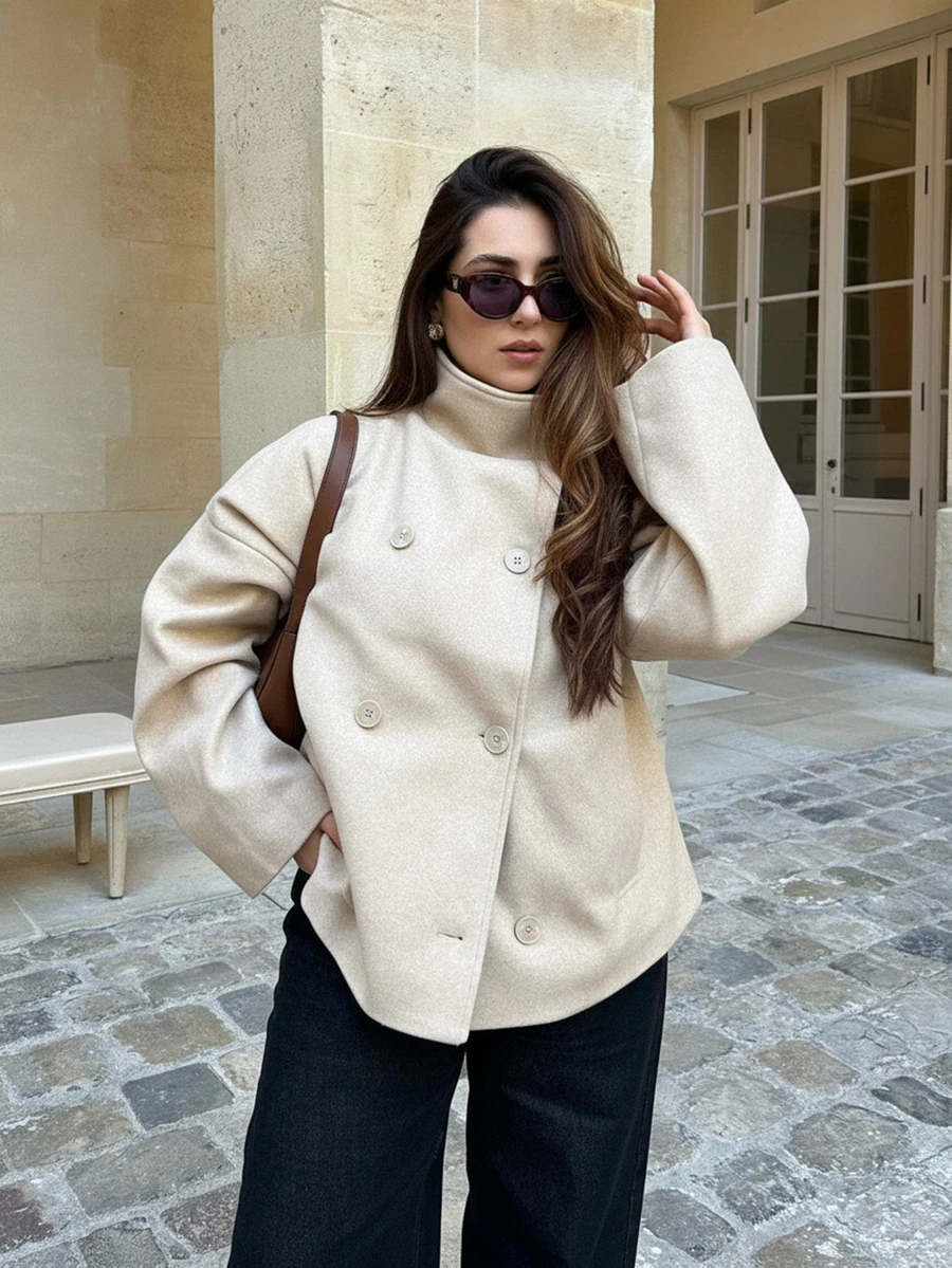 Vintage Style Solid Color Double-Breasted High Collar Women Jacket, Commuter Women Coat For Autumn/Winter - Beige - View 1