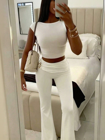 FQLWL Summer Outfits For Women Street Two Pieces Set Off The Shoulder Gilet Match Ruched Long Pants Women Suit Set