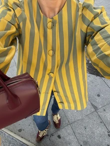 Women's Button Front Long Sleeve Striped Casual Shirt Spring - Yellow and Green - View 2
