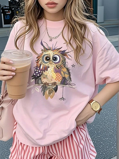 Áo thun nữ tay ngắn cổ tròn kiểu dáng thường ngày - Họa tiết in, chất vải mềm mại, thoải mái, có thể giặt máy, áo mùa hè màu hồng.