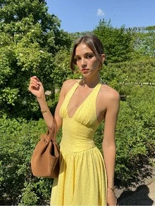 Women's New Elegant Casual Sexy Light Yellow Embroidered Deep V Halter Backless A-Line Midi Dress - Full Embroidery, Halter Tie Detail, Sleeveless, High Slit, Bust Ruffle Detail, Cinched Waist A-Line Silhouette, Backless, Deep V Neck Midi Dress - Yellow - View 3