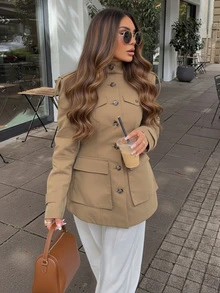 女士系带口袋立领长袖外套，优雅百搭，适合秋冬季节 - 杏色 - 查看 2