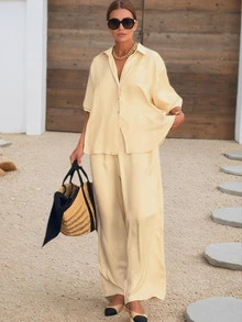 Women's Summer French Beige Non-Stretch Collared Shirt And Wide Leg Pants Set, Bohemian Style Elegant 2 Pieces Outfit, Women's Casual Holiday Wear - Yellow - View 4