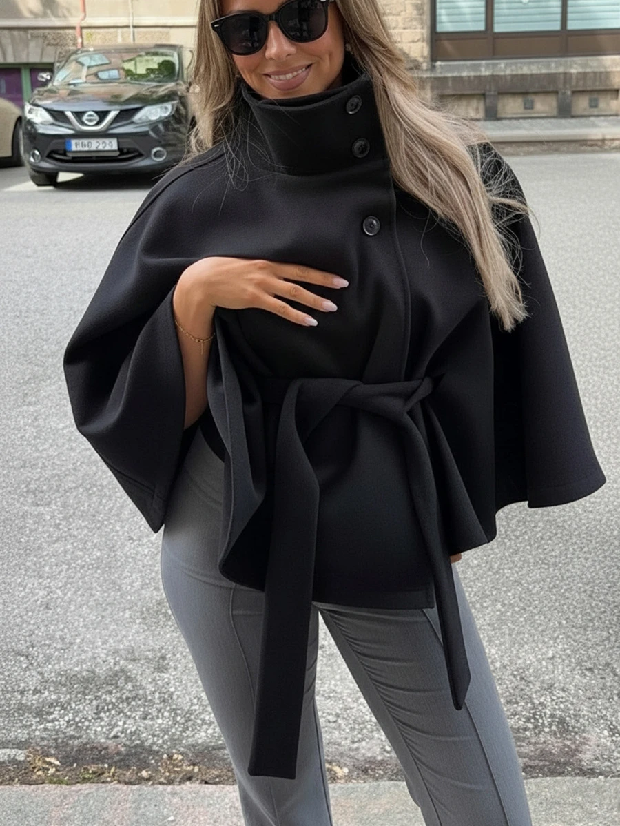 Women's Elegant Solid Color Stand Collar Belted Short Cape Jacket, Solid Color Belt, Front Button Closure, Suitable For Daily Wear