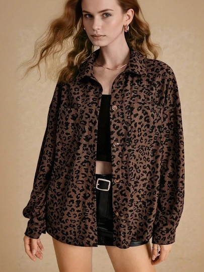 Chaqueta de pana con estampado de leopardo, chaqueta casual de mujer con botones delanteros, manga larga con estampado de leopardo, ropa de mujer para otoño, chaqueta casual de mujer, chaqueta camisa con estampado de leopardo, adecuada para uso diario, calle, viajes, y uso en casa en primavera