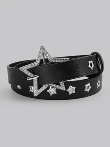 DareSee Cinturón de mujer Y2K Serie Cielo Estrellado con forma de estrella calada, hebilla metálica brillante con strass, apto para uso diario con jeans, atuendos de calle, verano, escuela, otoño, Halloween, festival de música, vuelta al colegio - Estrellas huecas de diamantes brillantes - Ver 2