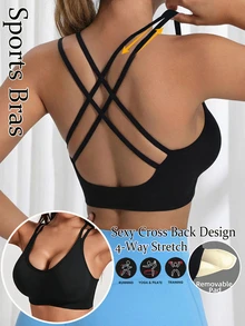 Women's Yoga Sports Bra Criss-Cross Backless Wireless Fitness Top, Shock-Absorbing Workout Shirt, Sexy Criss-Cross Sports Camisole, Gather-Up Hollow-Out Running Bra, Crop Top With Removable Pads, Activewear For Summer - Black - View 1