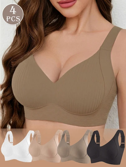 4pcs/Set Women Seamless Gather Bras, Invisible Bras, Removable Pads, Nude Skin-Tight Bras, Wireless Bras, Basic Solid Black Adjustable Bras, Full Coverage Daily Casual Comfortable Lift Bras For Women