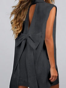 黑色露背蝴蝶结连衣裙，女士无袖时尚黑色西装裙，镂空甜美风格，适合所有季节春季穿着 - 深灰色 - 查看 2