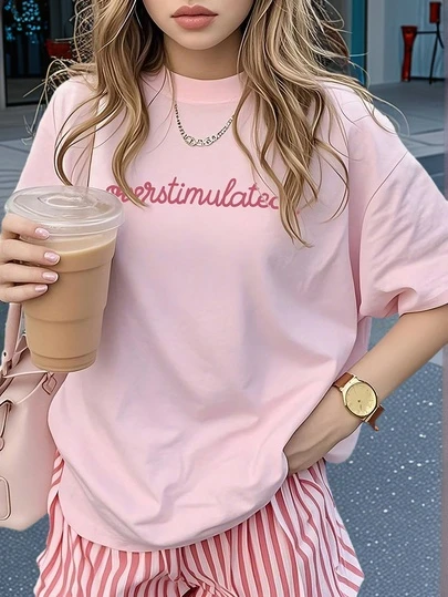 女士休闲短袖圆领T恤 - 印花图案，面料柔软舒适，可机洗，夏季上衣