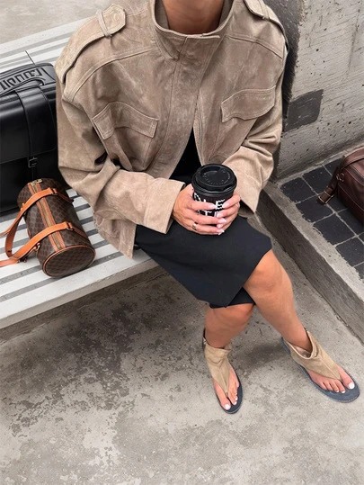 Women's Metal Button Decorated Cargo Jacket With Large Pockets, Suitable For Autumn/Winter, Made Of Suede Fabric