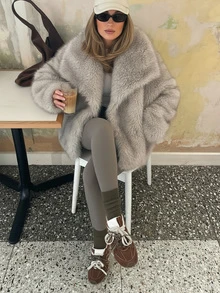 Áo khoác lông giả dày dặn thời trang thu đông mới cho nữ, áo khoác dài tay ve ve màu trơn thanh lịch, áo khoác đường phố rộng rãi cỡ lớn cho nữ thời trang mùa đông - Màu Xám nhạt - Xem 1