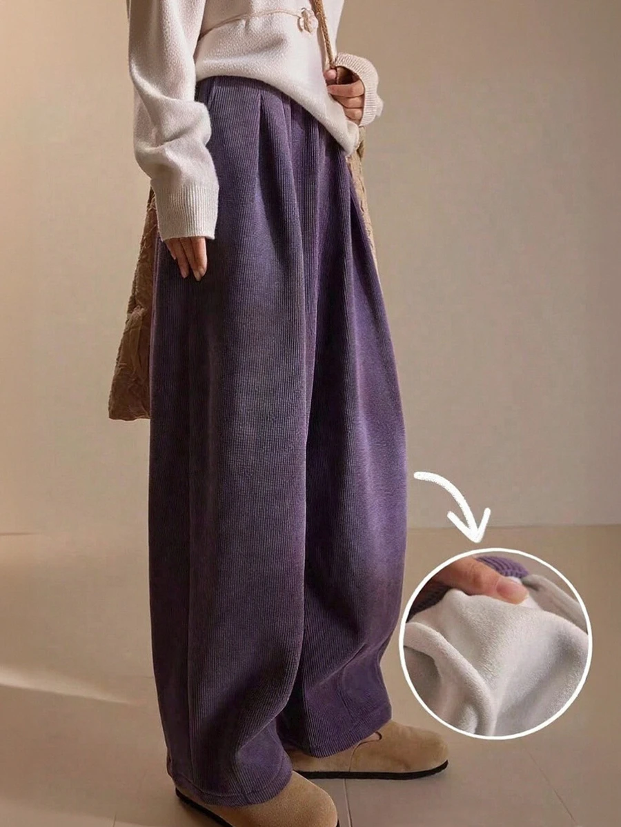 بنطلون نسائي بقصة واسعة من القطيفة ذو لون أحادي مع بطانة حرارية، كاجوال - Bold Plum - مشاهدة 1