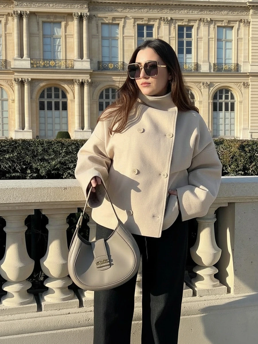 Áo khoác nữ cổ cao hai hàng cúc kiểu cổ điển, áo khoác công sở cho nữ, áo khoác ngoài mùa đông xuân. - Màu be - Xem 1