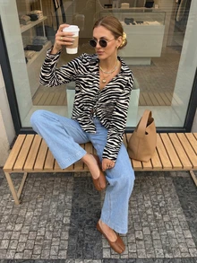 Buzzelle 女士休闲时尚黑白斑马纹长袖衬衫上衣，春夏度假装 - 黑 - 查看 4