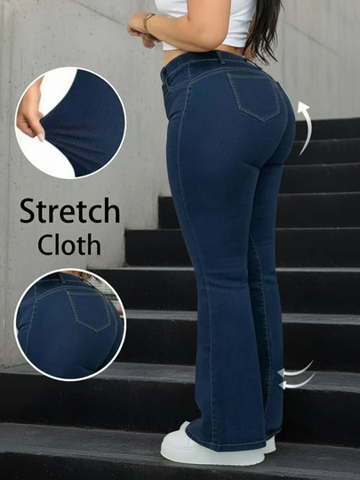 Plus Size Women Bell-Bottom Jeans With Pockets, Suitable For Casual, Daily Or Office Wear