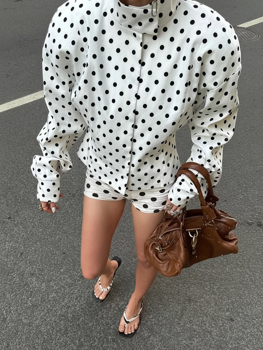 女士轻薄休闲长袖收腰波点印花外套，适合春夏休闲、户外和度假穿着，白色 - 白色 - 查看 1