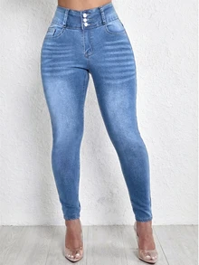 女士提臀牛仔裤，高弹力紧身长裤，时尚优雅，适合约会、通勤、休闲出游 - 藍色 - 查看 6