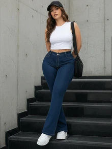 大码女式喇叭牛仔裤，带口袋，适合居家、日常穿着或办公场合，春夏季节皆宜。 - 藍色 - 查看 3