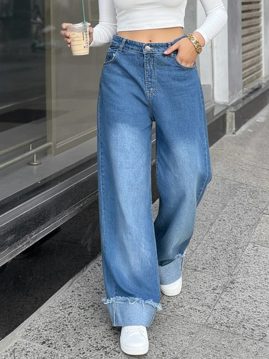 纯色休闲牛仔拉链纽扣口袋牛仔裤 - 藍色 - 查看 1