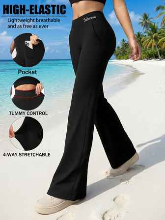 女士高腰字母瑜伽喇叭裤纯色显瘦便携双口袋阔腿裤健身房运动收腹运动裤弹力工作裤喇叭裤运动长裤瑜伽健身房户外女士运动裤秋装冬装的绝佳选择