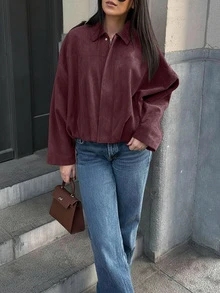 Giacca casual ampia in finta pelle scamosciata con maniche lunghe e chiusura singola, adatta per l'abbigliamento primaverile. Giacca corta militare verde con bottoni in metallo sulle tasche, adatta per la primavera e l'autunno. - Bordò - Visualizzare 3