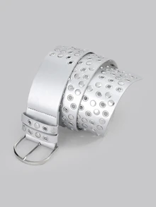 DareSee New Silver Rivet Hollow Out Wide Belt, Punk Rock Studded Waist Decor Belt For Halloween Party, Handmade Asymmetrical Metal Waist Belt Music Fest - Multicolor - View 4