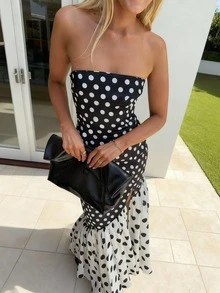 女士优雅休闲性感复古无肩带波点拼接长裙 - 开衩鱼尾裙摆设计，抹胸款式，大小波点拼接，收腰修身夏季款 - 彩色 - 查看 3