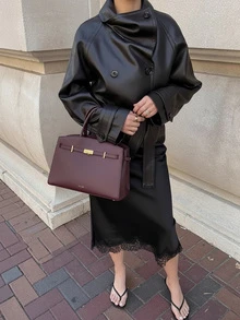 女士复古翻领长袖简约PU皮宽松夹克，女士时尚新款做旧皮夹克，秋季纯色拉链长袖复古PU夹克 - 巧克力棕 - 查看 2