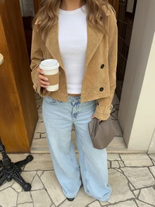 Damen Lässig Stehkragen Reißverschluss-Jacke mit Knopfdekor, Kunstfell Kurz Oberbekleidung - Khaki - Übersicht 2