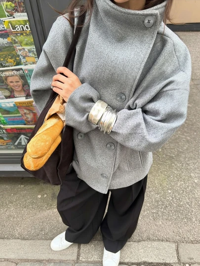 Vintage Style Solid Color Double-Breasted High Collar Women Jacket, Commuter Women Coat For Autumn/Winter