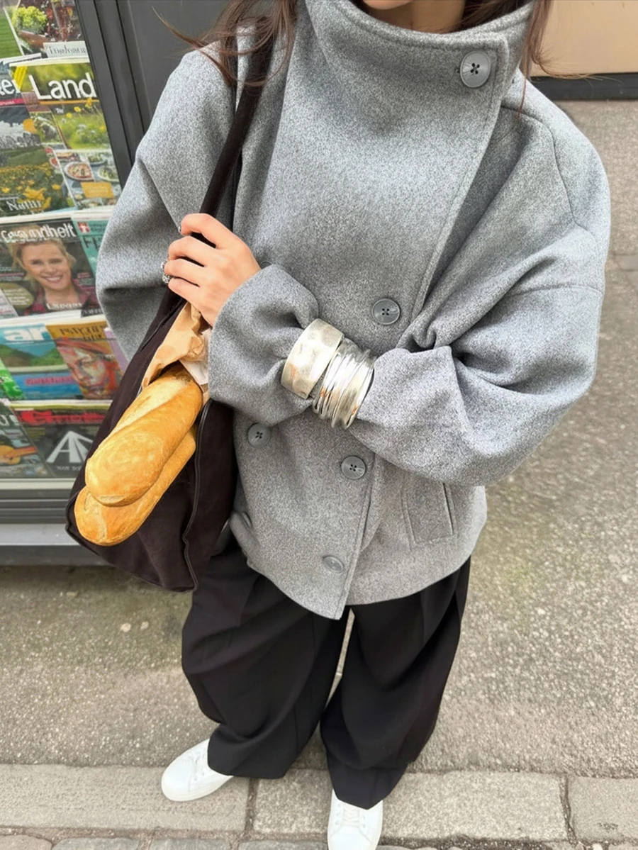 Vintage Style Solid Color Double-Breasted High Collar Women Jacket, Commuter Women Coat For Autumn/Winter